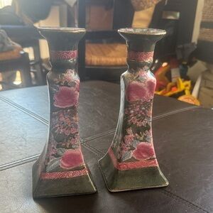 Beautiful pair Pink Floral Ceramic Candlesticks - Home Accents